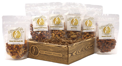 Nut gift box with wooden crate and five clear bags of roasted nuts