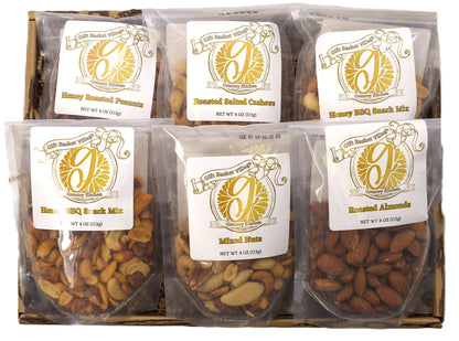Nut gift box with six clear pouches of roasted nuts in cardboard tray