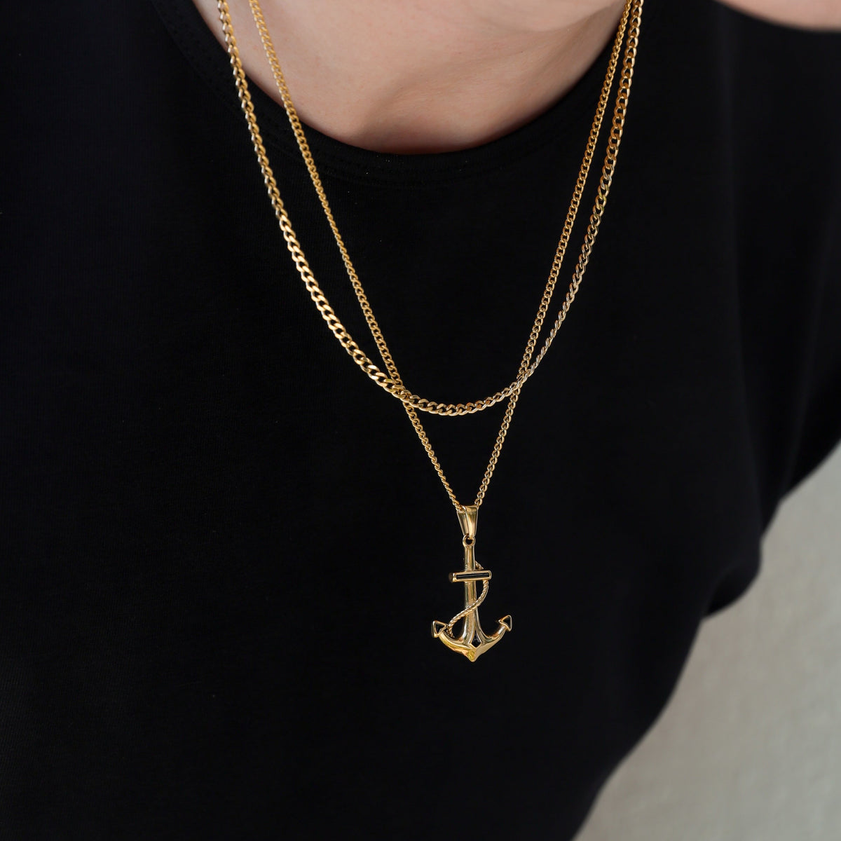 Gold anchor pendant on long Cuban link chain necklace set, V-shaped layered look