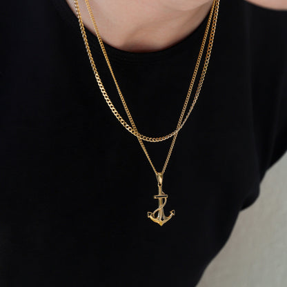 Gold anchor pendant on long Cuban link chain necklace set, V-shaped layered look