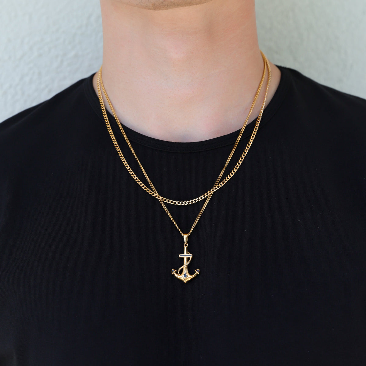 Gold anchor pendant on Cuban link chain necklace set, double-layer style