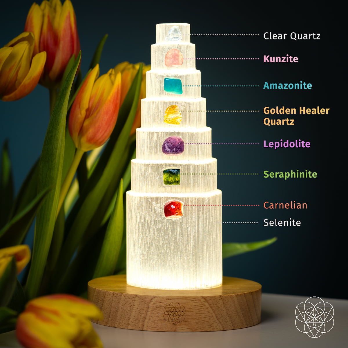 Wood-base tower lamp with embedded colored gemstones, glowing through frosted tiers