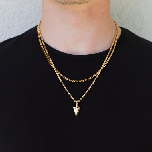Gold arrow pendant necklace set with layered chains and small V arrow charm