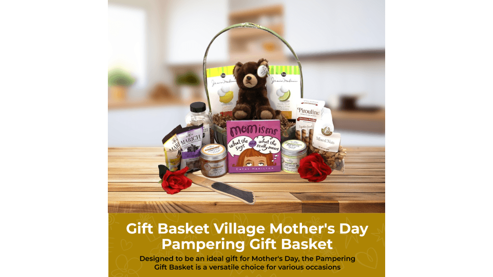 Gift basket with plush teddy, assorted treats, and red roses on a table
