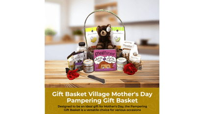Gift basket with plush teddy, assorted treats, and red roses on a table