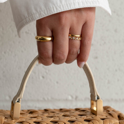Gold-plated band ring on finger, thick smooth band with shine