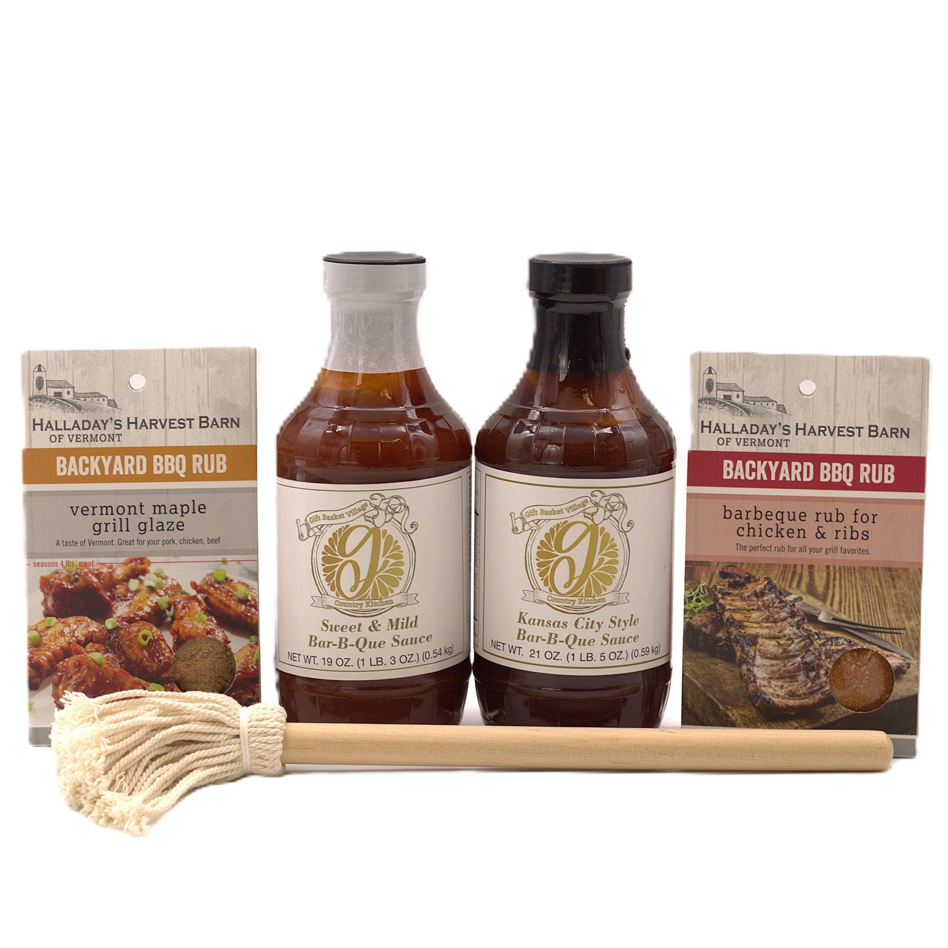 BBQ gift set with two bar-b-que sauce bottles, two BBQ rub packets, and wooden brush