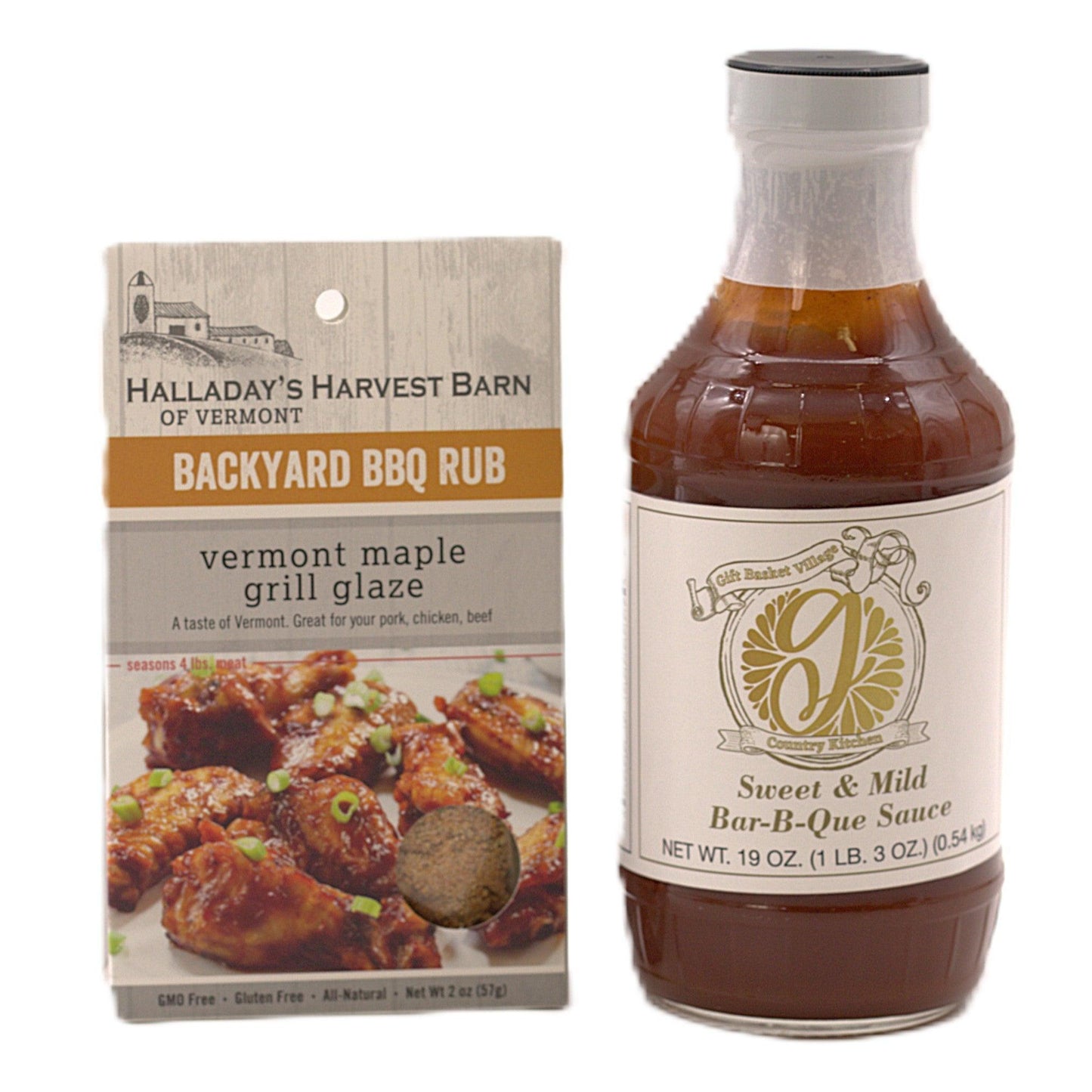 BBQ rub packet and sweet & mild bar-b-que sauce bottle