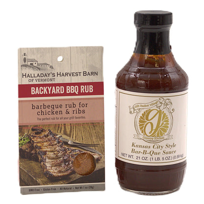 BBQ rub packet and Kansas City style bar-b-que sauce bottle