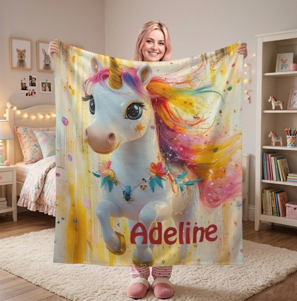Personalized unicorn fleece blanket with rainbow mane and butterflies, name Adeline