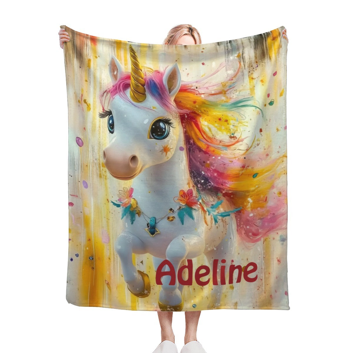 Personalized unicorn fleece blanket with rainbow mane, butterflies, and name Adeline