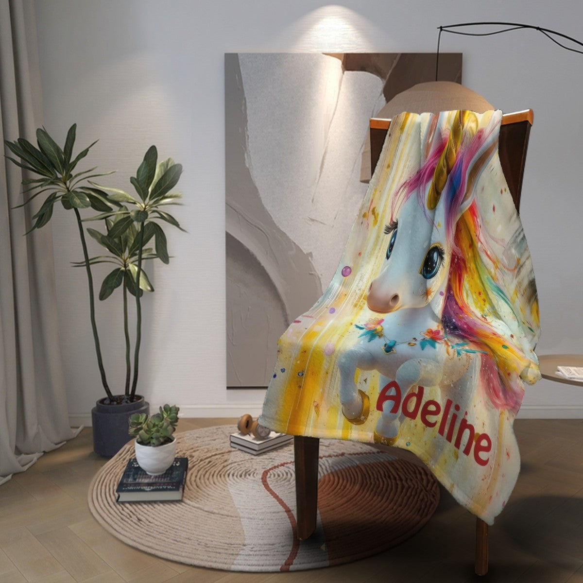 Personalized unicorn fleece throw with rainbow mane and name Adeline, full print