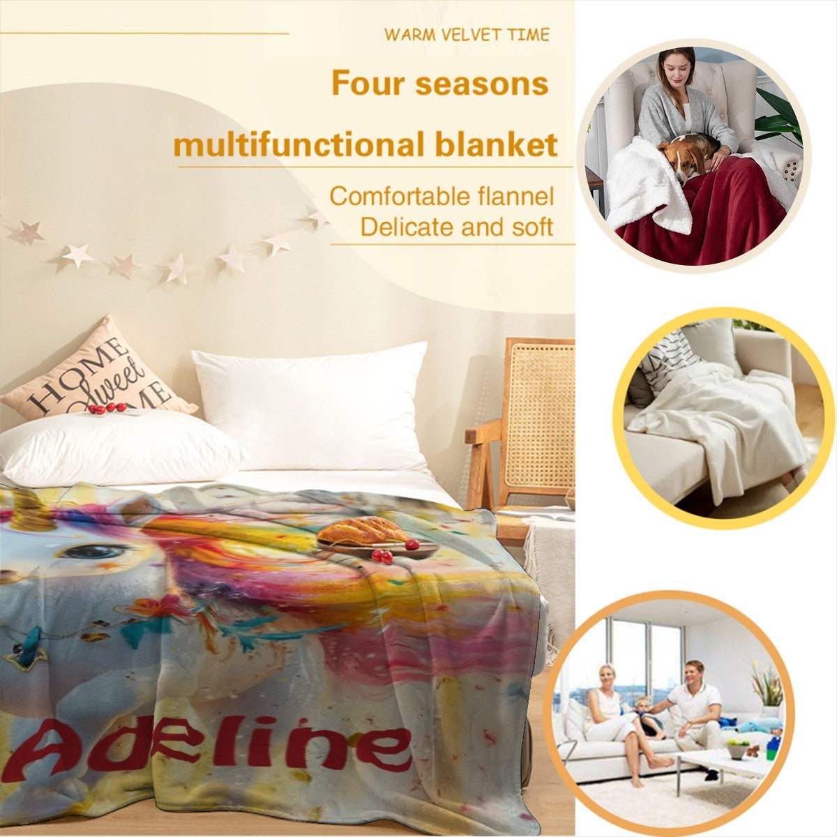 Multiseason flannel blanket with unicorn art, rainbow mane, and name Adeline