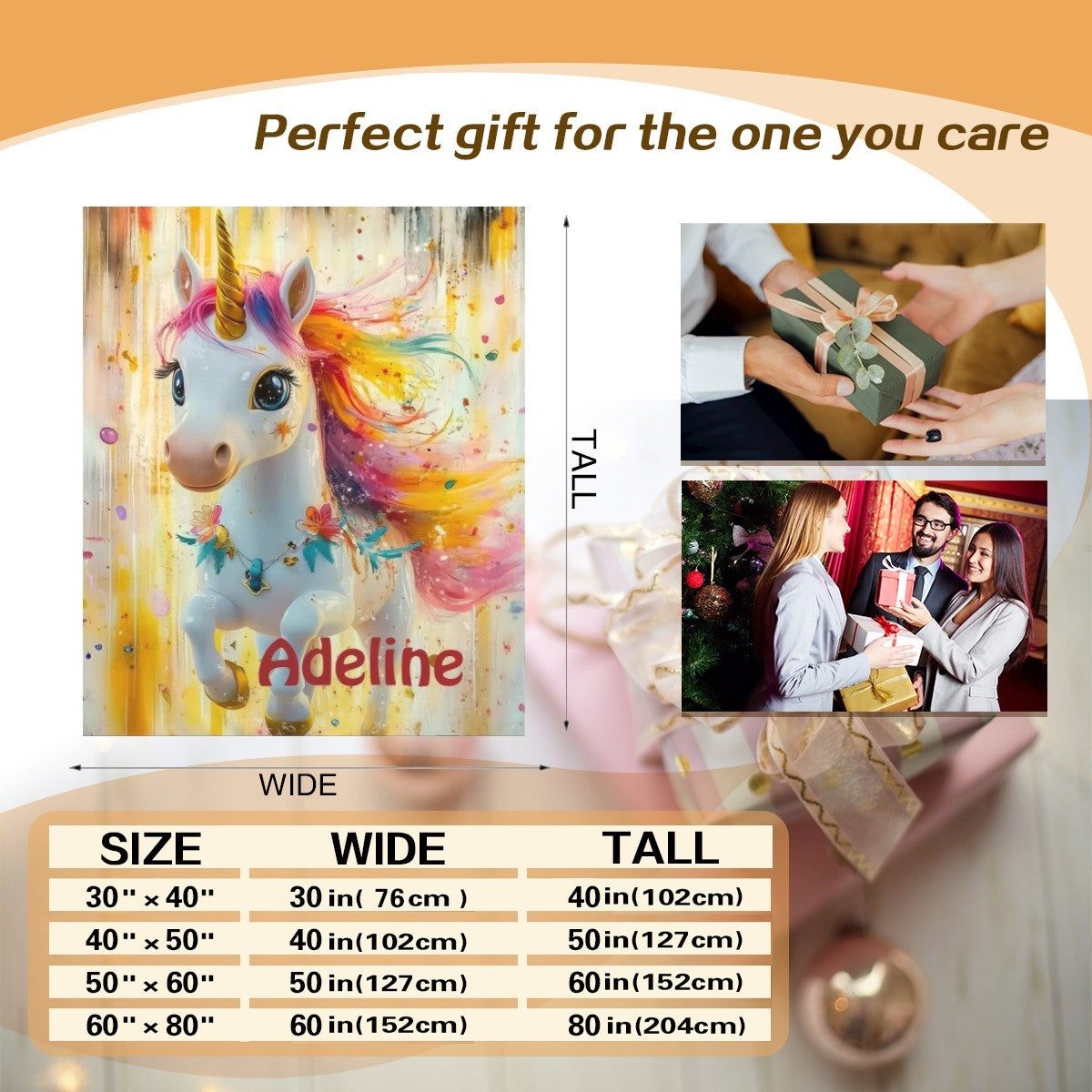 Personalized unicorn fleece blanket with rainbow mane, butterflies, and name Adeline