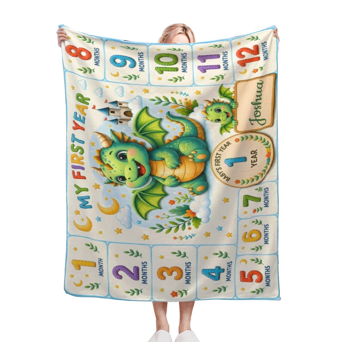Milestone dragon blanket, colorful dragon and month-number grid, held open