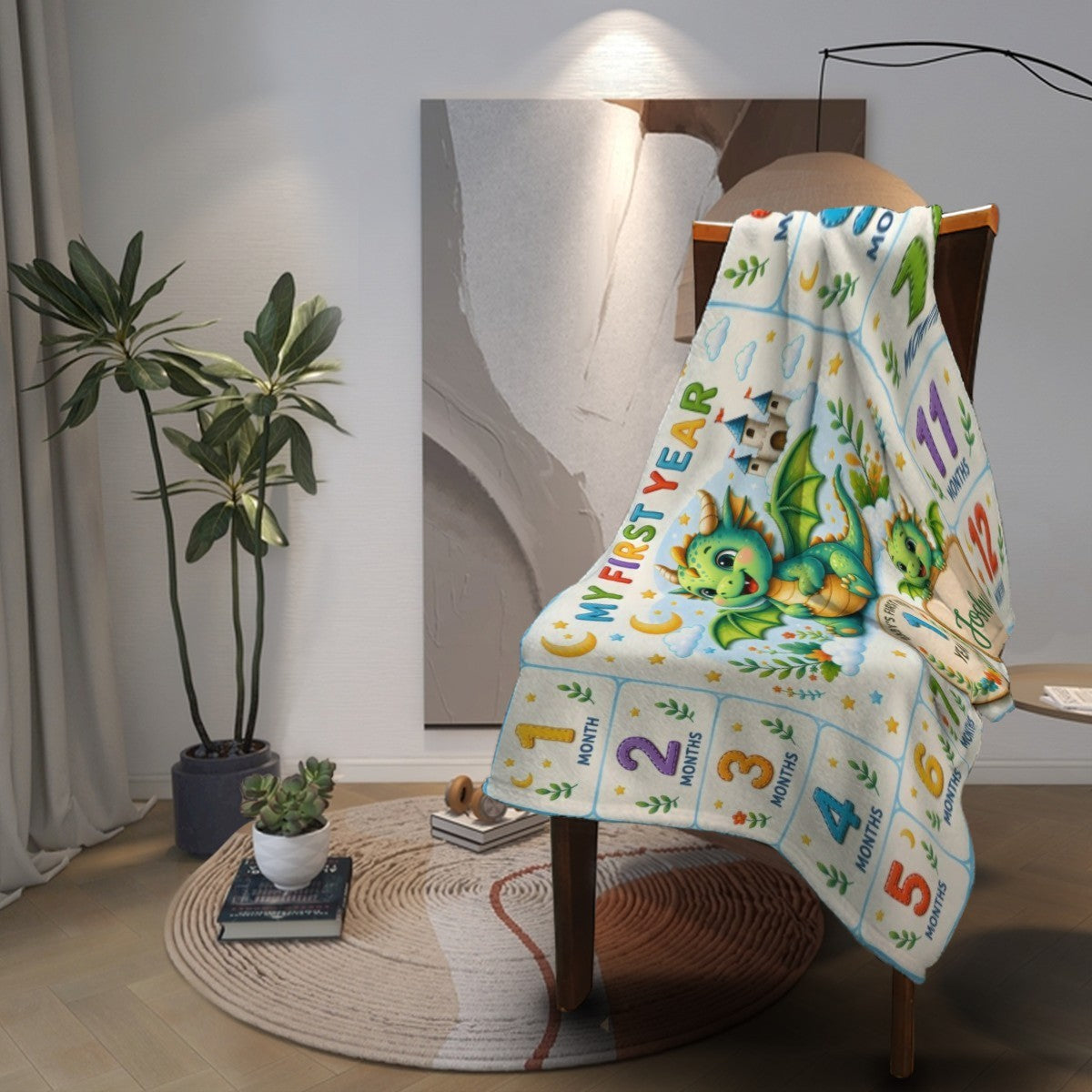 Milestone dragon blanket draped on chair, colorful dragon and month squares