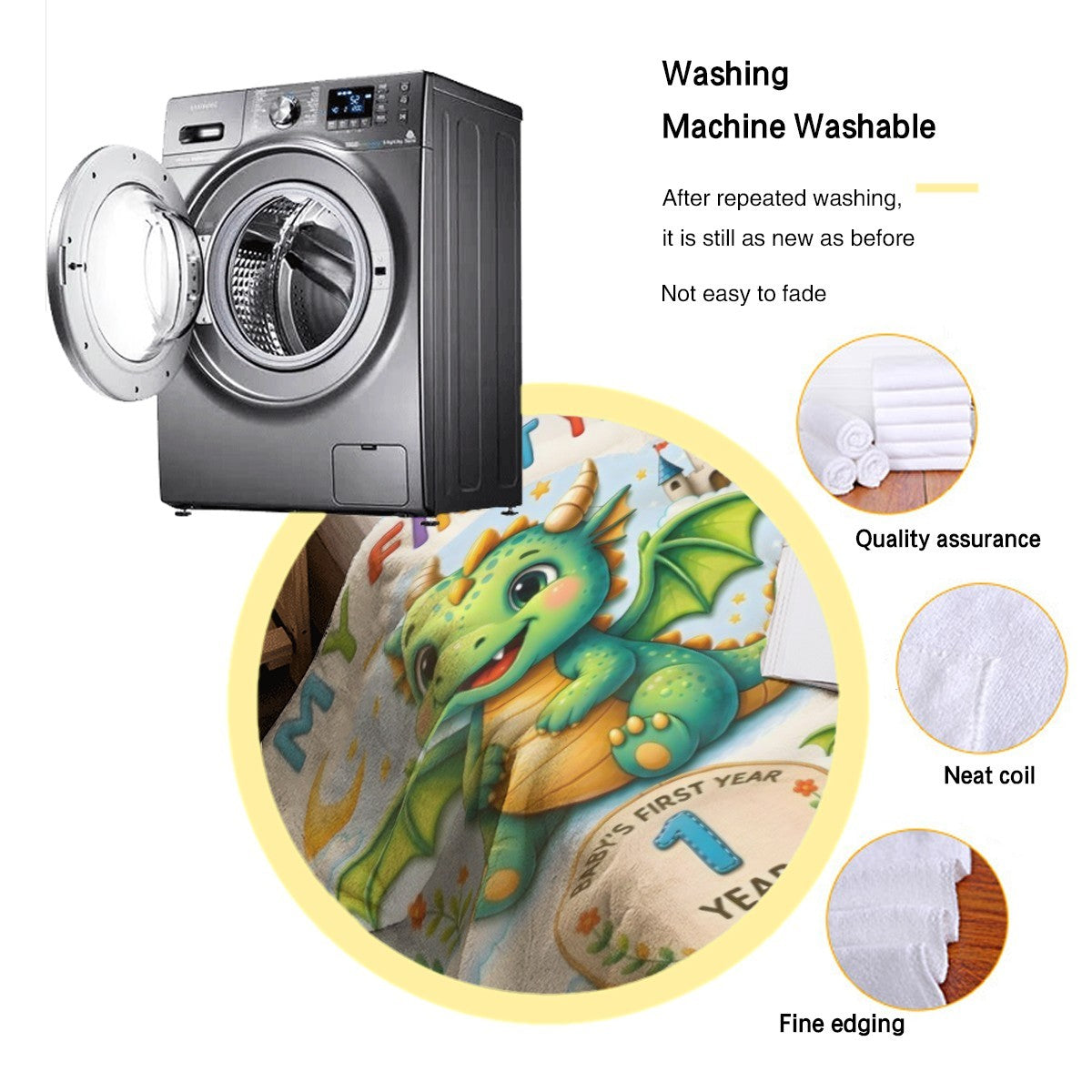 Milestone dragon blanket on couch, dragon-and-months print shown with laundry dryer