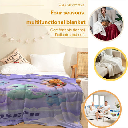 Purple dragon character blanket with moon and stars, 'JOSEPH' text on bed
