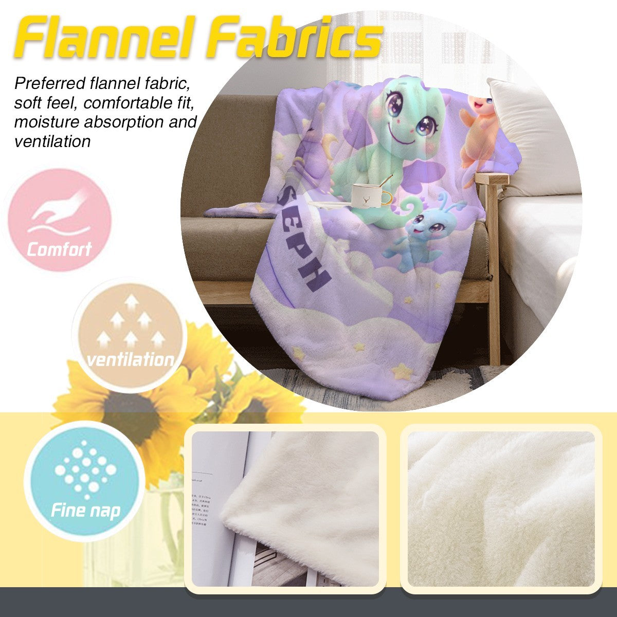 Purple flannel blanket with cartoon dragons and stars, 'JOSEPH' text, fabric close-up