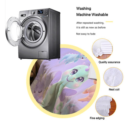 Purple dragon blanket with 'JOSEPH' text, shown with washing care imagery