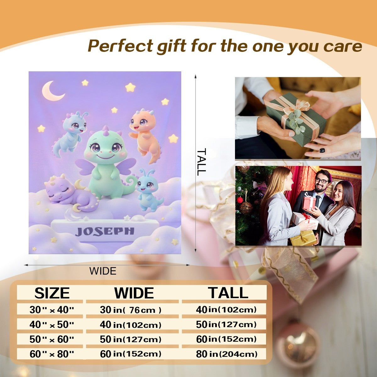 Purple dragon-themed blanket with 'JOSEPH' text, shown in size chart graphic