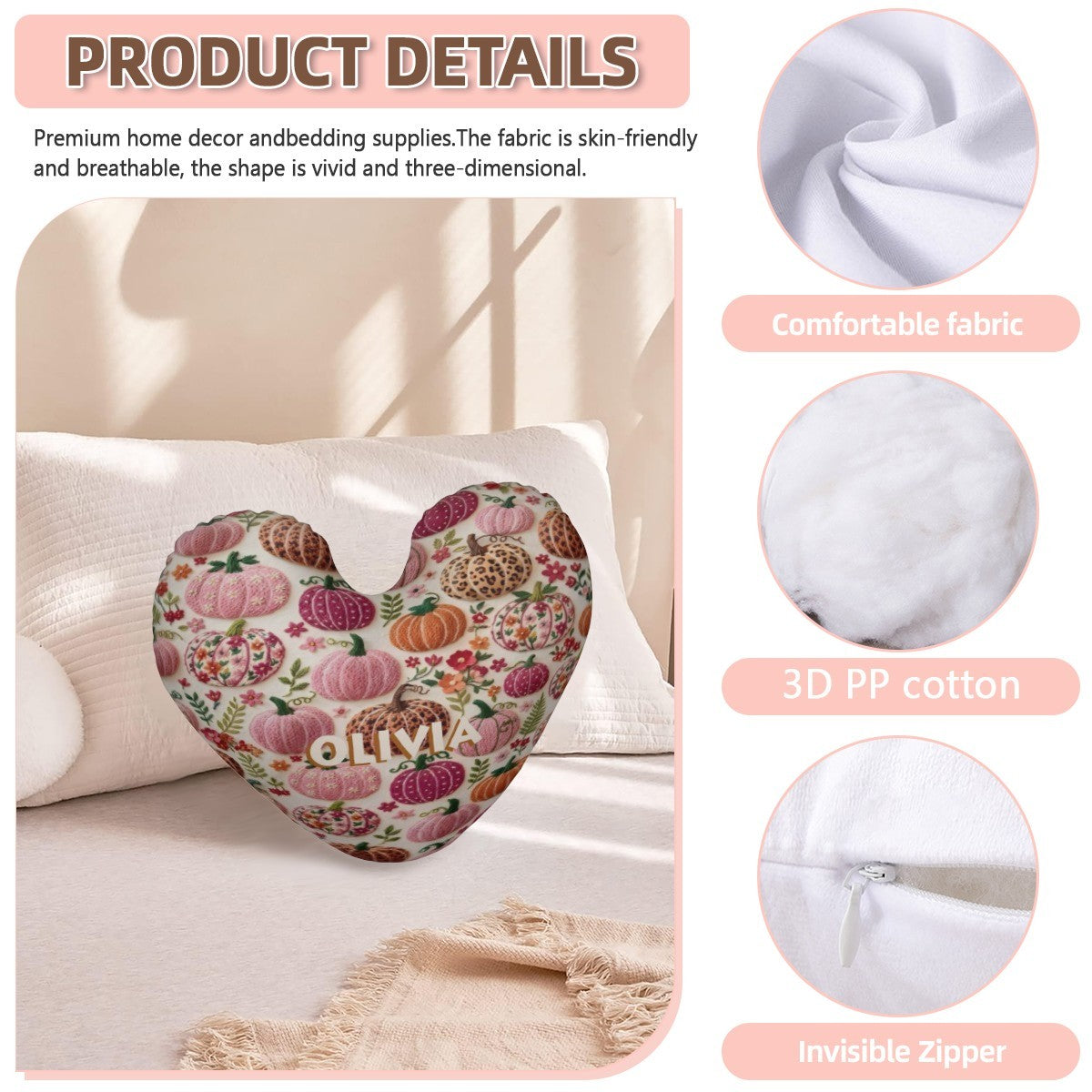 Heart-shaped pillow on cream with fall pumpkin floral pattern and OLIVIA