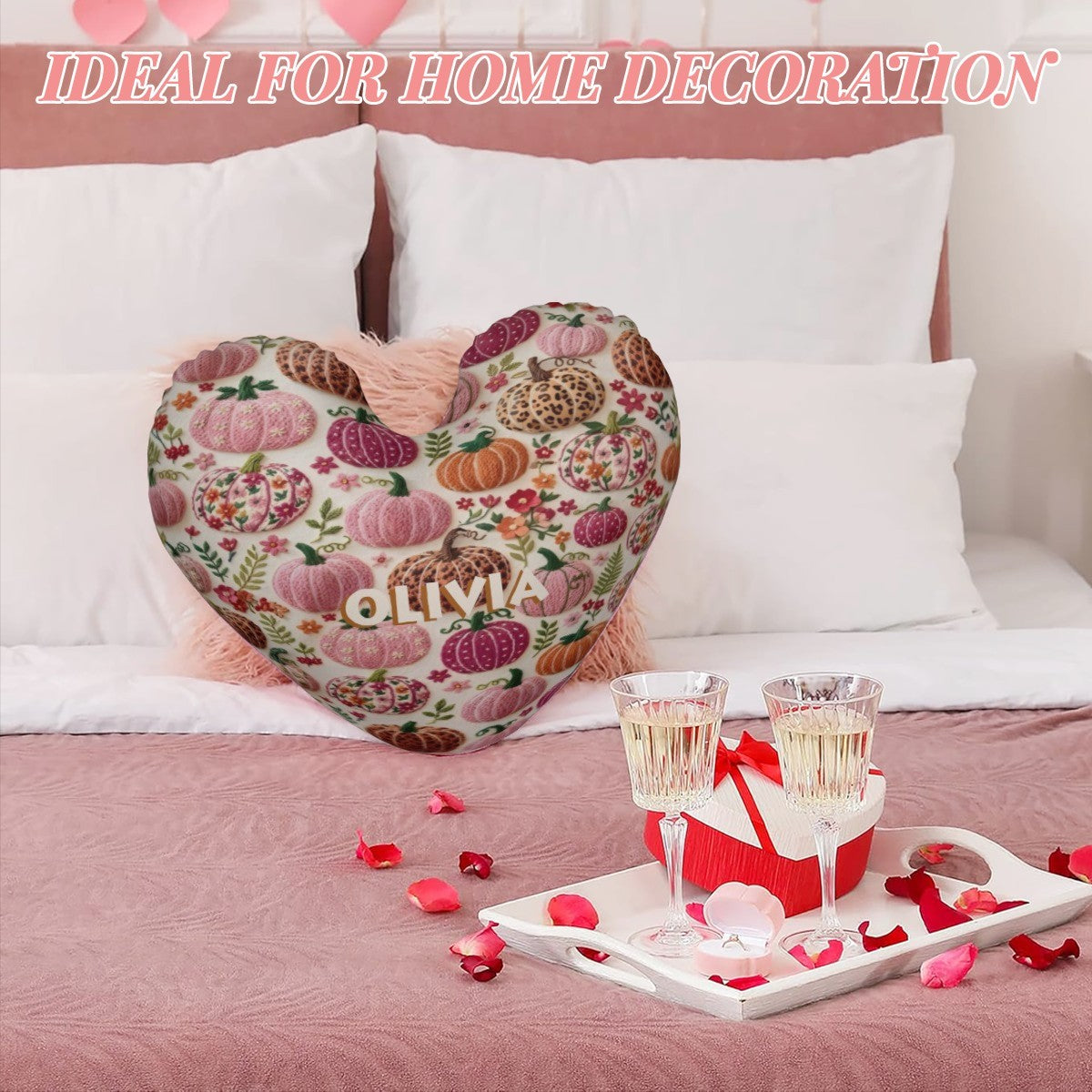 Heart-shaped pillow in cream with pink and brown pumpkin floral pattern, OLIVIA