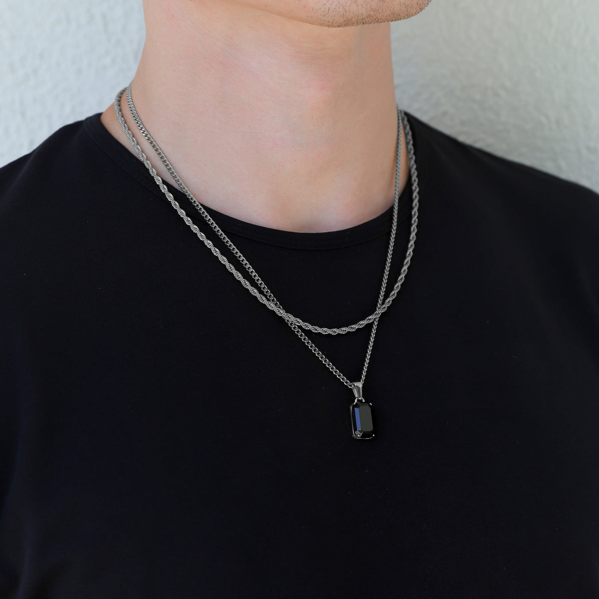Silver-tone onyx stone pendant necklace set with two layered chains
