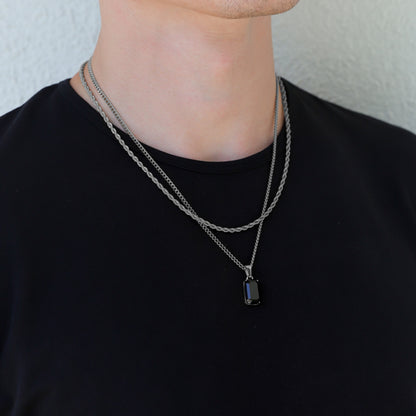 Silver-tone onyx stone pendant necklace set with two layered chains
