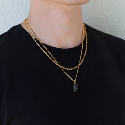 Gold-tone onyx stone pendant necklace set with two layered chains