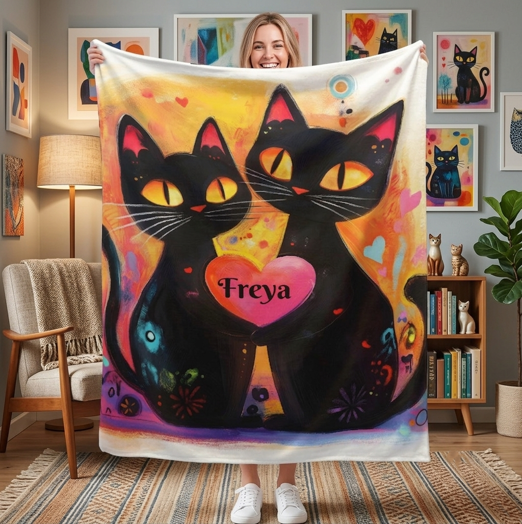 Personalised cat blanket draped by person, two black cats with pink heart and Freya