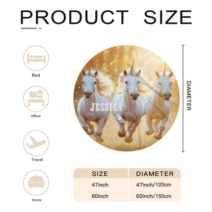 Round unicorn blanket size chart: unicorn print with Jessica, diameter 47–60 in