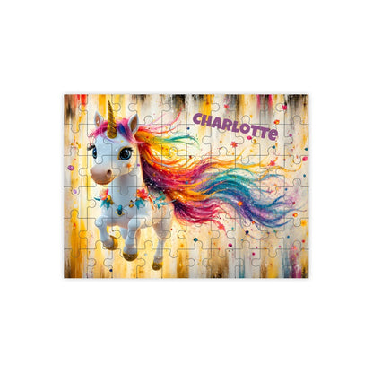 Colorful jigsaw puzzle artwork with a unicorn and rainbow hair, shown in a puzzle frame