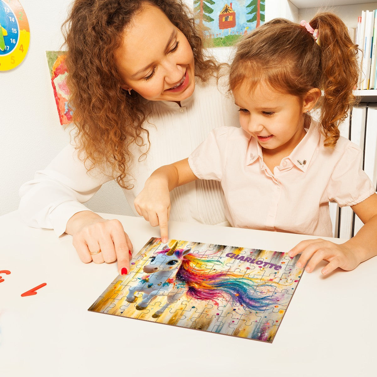 Kids working on a colorful jigsaw puzzle featuring a unicorn with rainbow mane