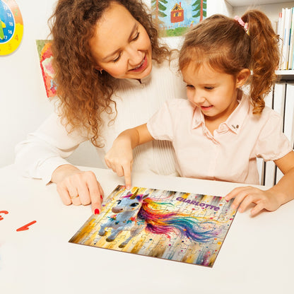Kids working on a colorful jigsaw puzzle featuring a unicorn with rainbow mane
