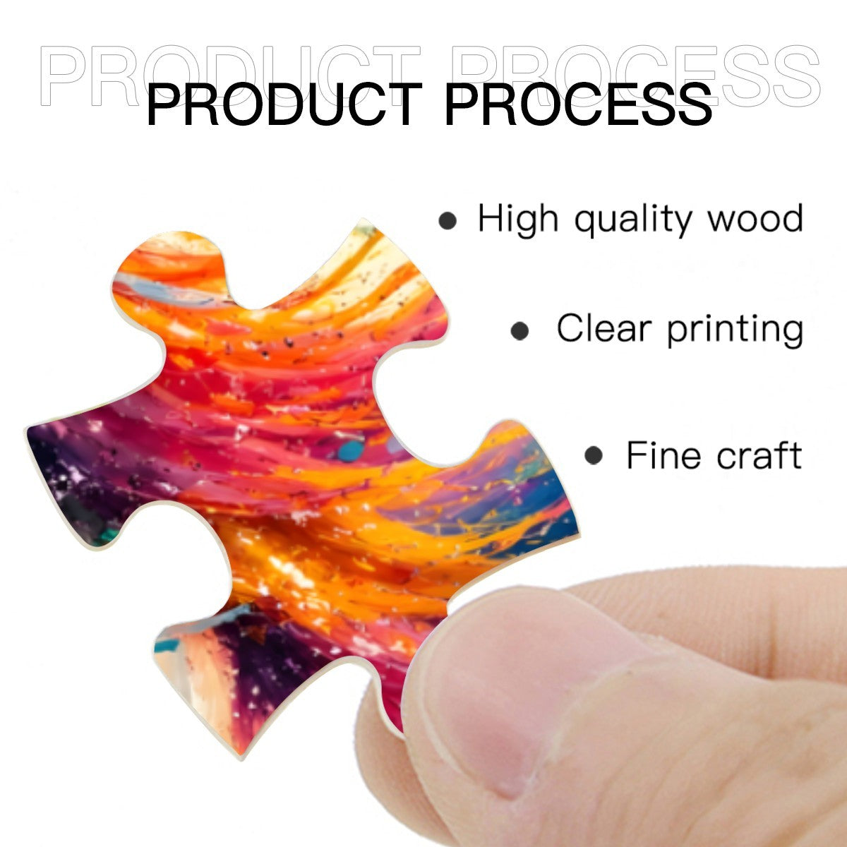 Wooden jigsaw puzzle piece with vibrant galaxy colors held by a fingertip