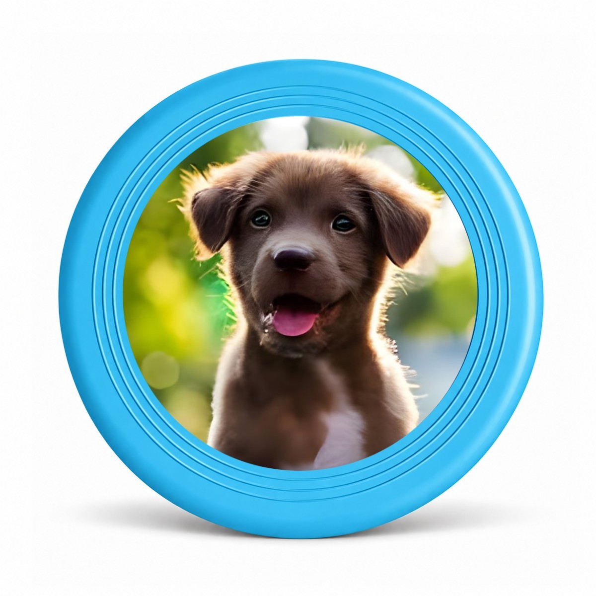 Blue pet flying disc with a puppy photo in the center