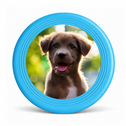 Blue pet flying disc with a puppy photo in the center
