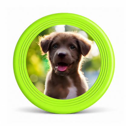 Green pet flying disc with a puppy photo in the center