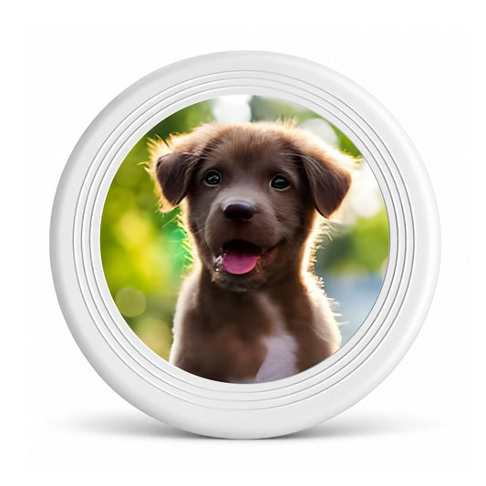White pet flying disc with a puppy photo in the center