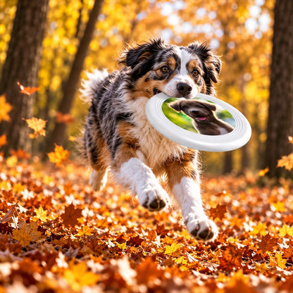 Brown dog running while holding a white pet flying disc