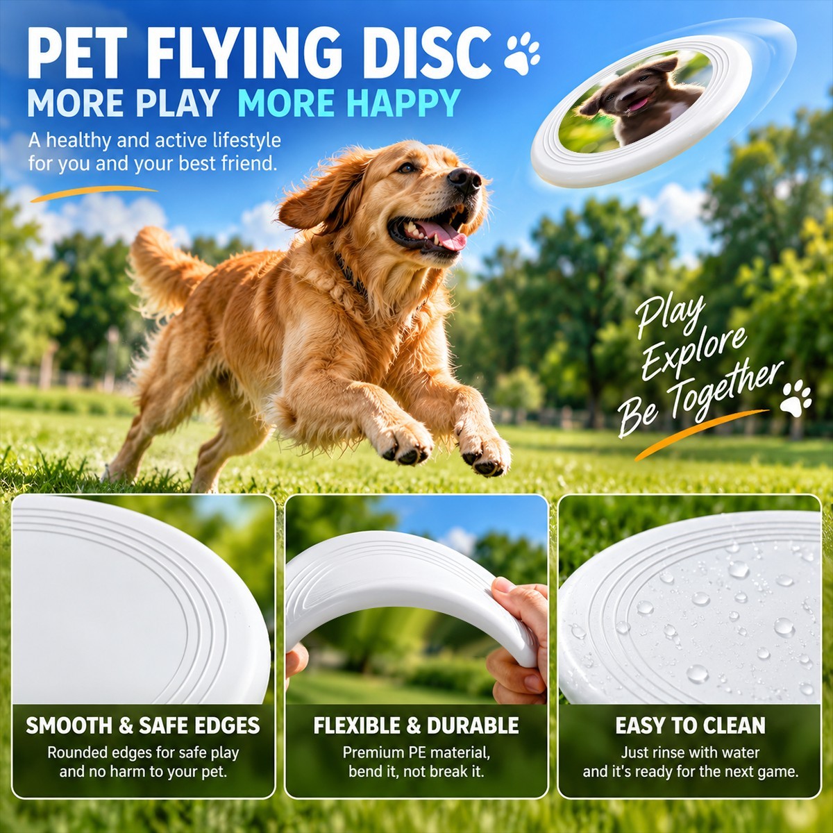 Pet dog playing with a white flying disc featuring a puppy photo insert