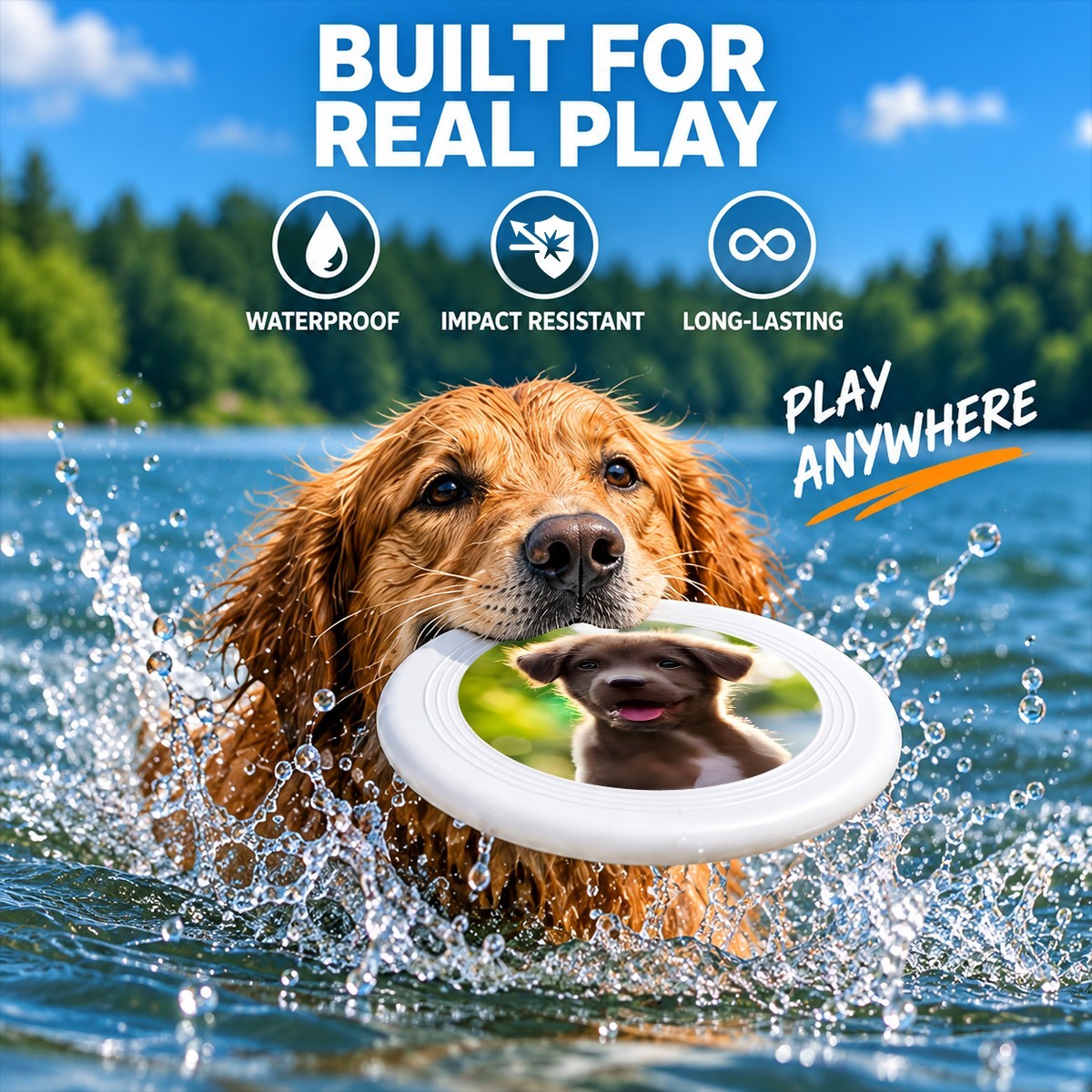 Dog splashing in water while catching a white pet flying disc with puppy insert
