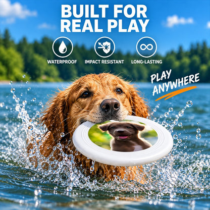 Dog splashing in water while catching a white pet flying disc with puppy insert