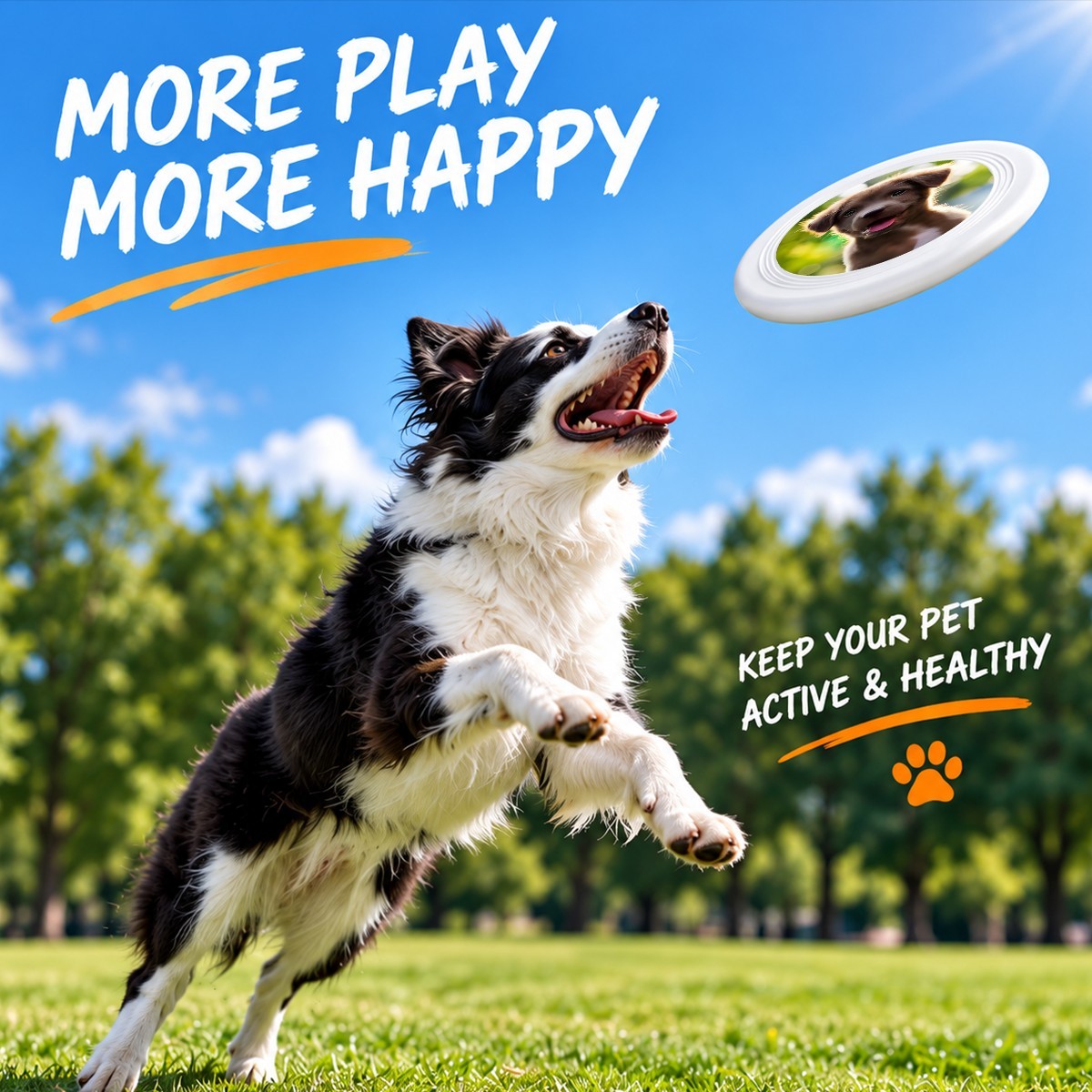 Black-and-white dog reaching for a white pet flying disc with puppy photo