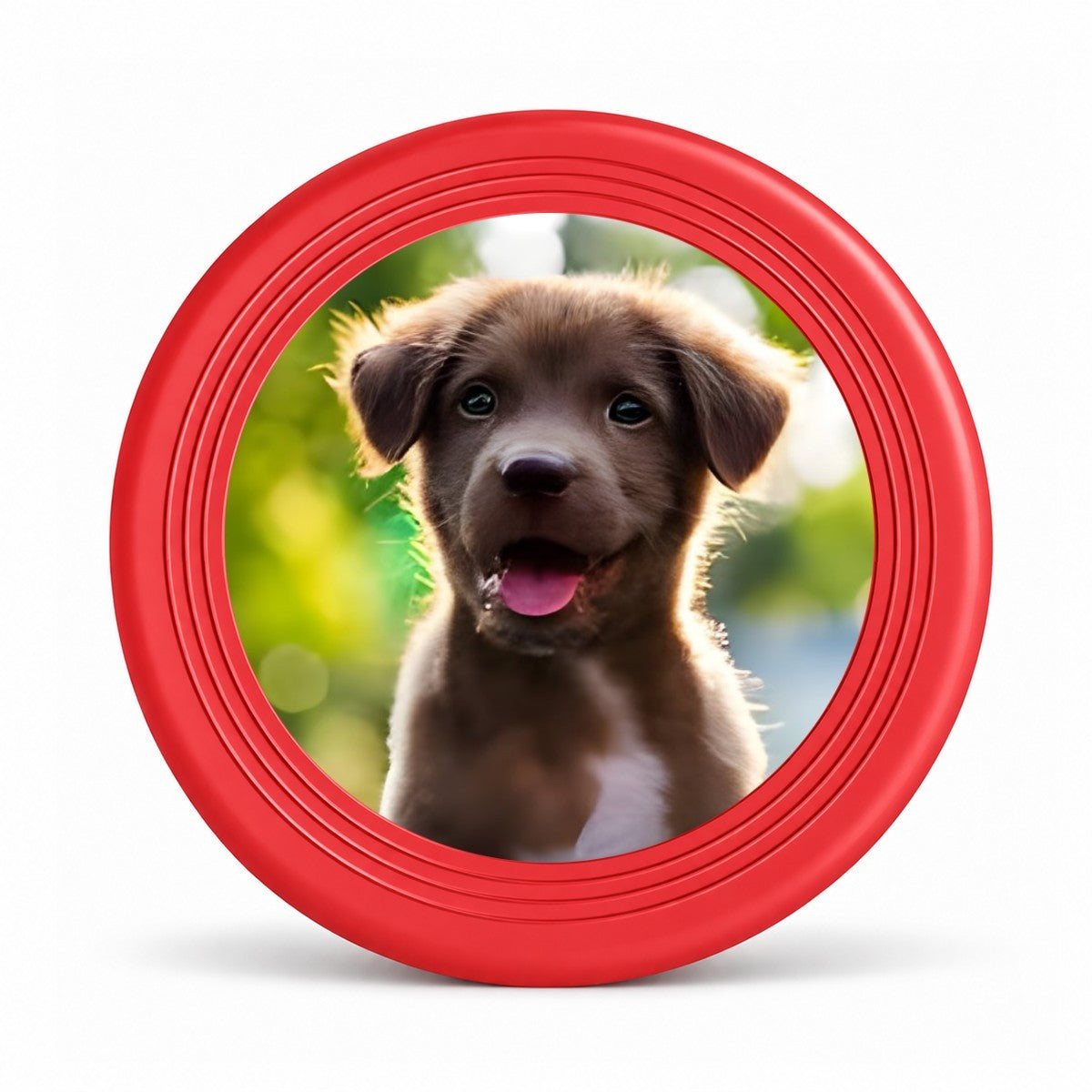 Red pet flying disc with a puppy photo in the center