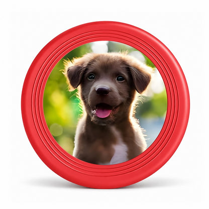 Red pet flying disc with a puppy photo in the center