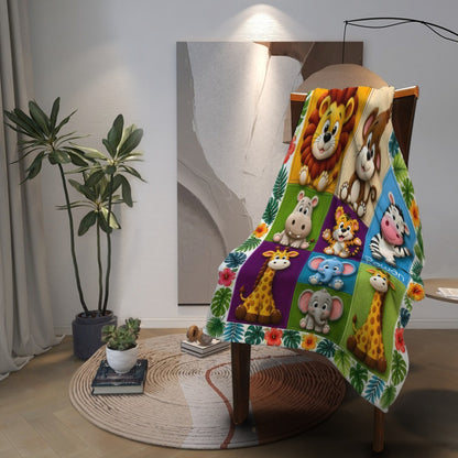 Safari animal kids blanket hanging on a chair, with bright animal squares and floral border.