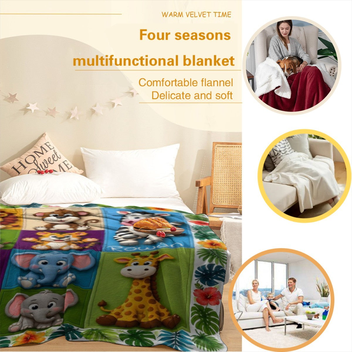 Kids safari animals blanket shown folded on a bed with jungle border and animal grid.