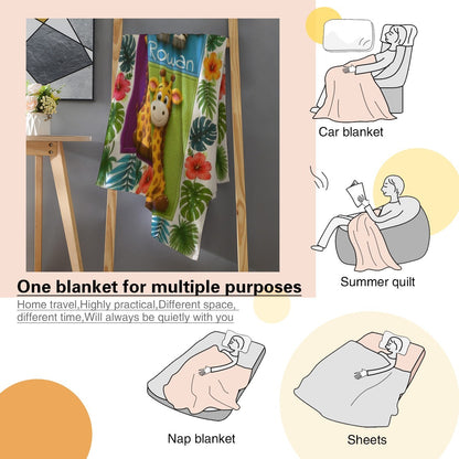 Safari animals blanket shown as a travel-style throw with jungle border and animal squares.